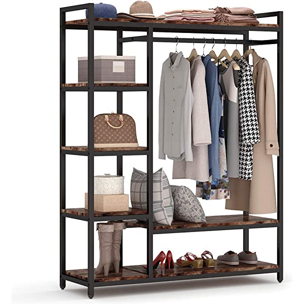 LITTLE TREE Free-Standing Closet Organizer, Heavy Duty Clothes Closet, Portable Garment Rack with 6 Shelves and Hanging Rod, Black Metal Frame&Rustic Board Finish Vingte &Black