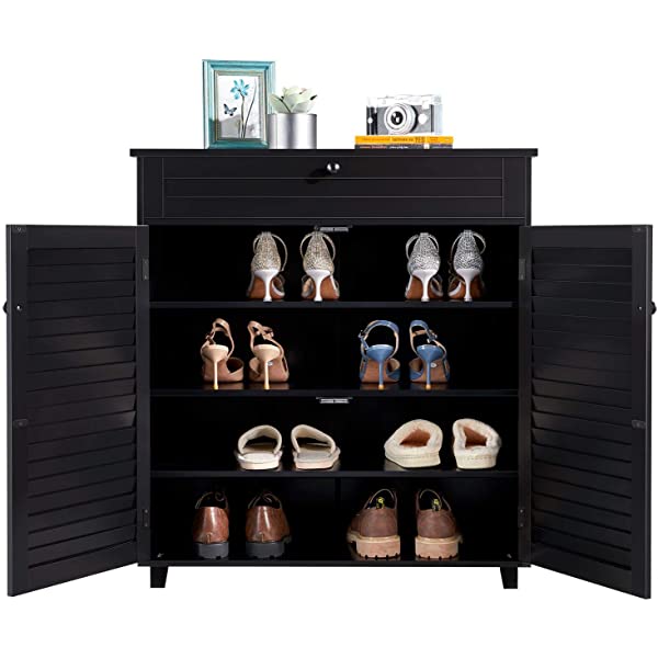Yaheetech Shoe Cabinet Bathroom Storage Cabinet with 1 Drawer & Adjustable Shelf, Shoe Rack Pinter Stand for Home Office, Black