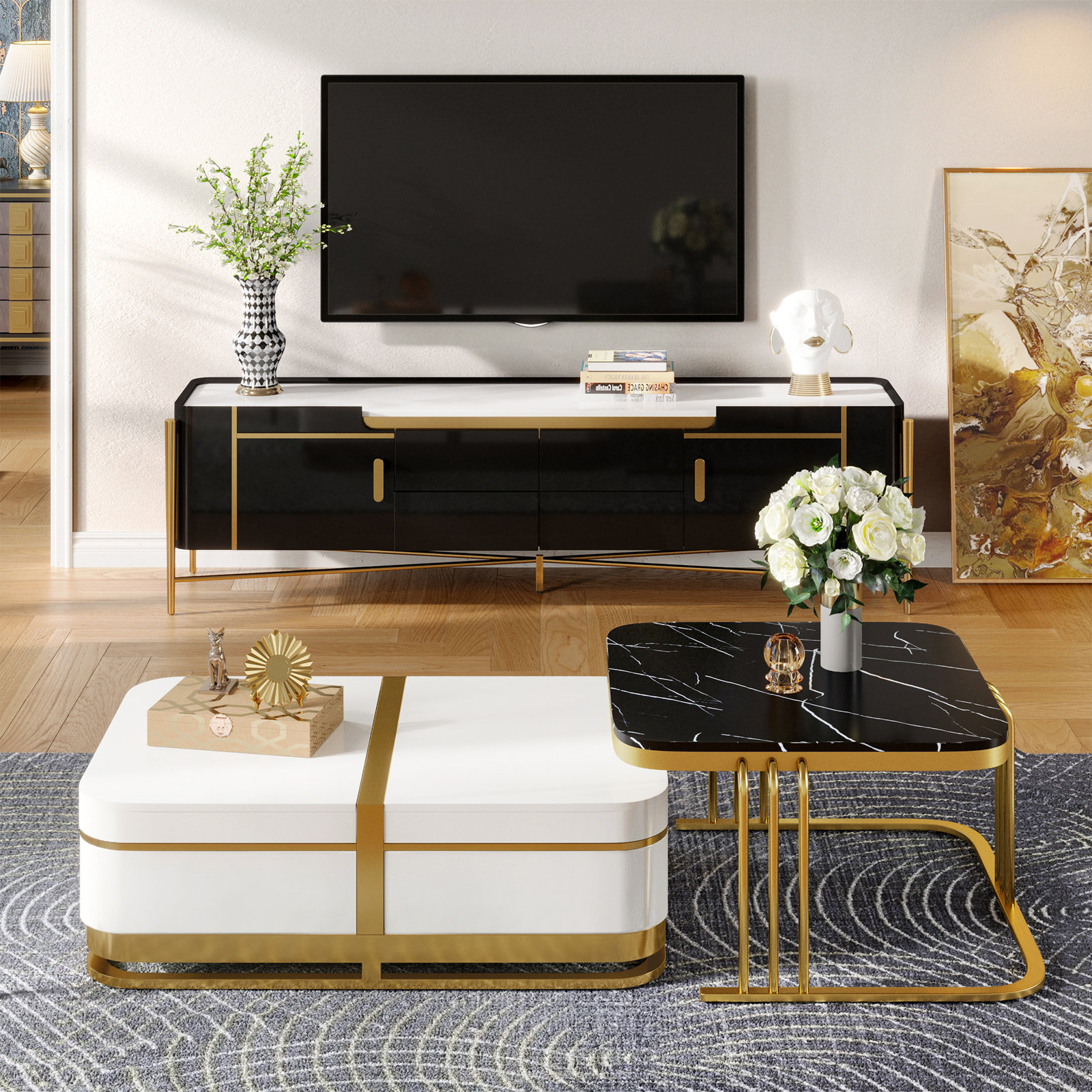 【Furniture】Rectangular Nesting Coffee Table with Storage for Living Room