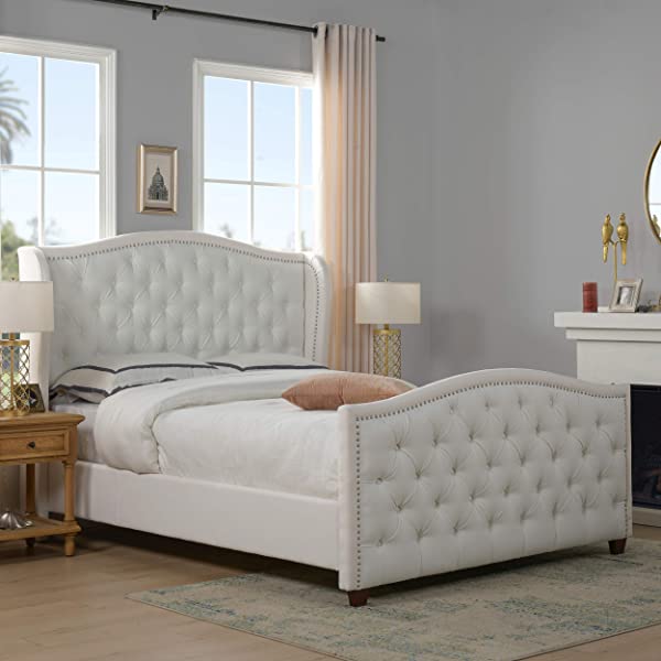 Jennifer Taylor Home Marcella Collection Queen Wingback Tufted Hand-Applied Nail Heads Upholstered Bed, Antique White Antique White Queen