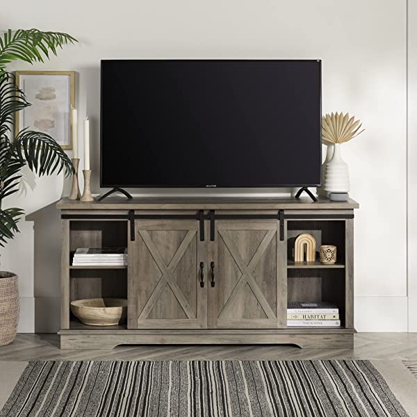 Walker Edison Richmond modern farmhouse sliding barn door TV stand for up to 52 inches, white and rustic oak white without fireplace 52 inches TV