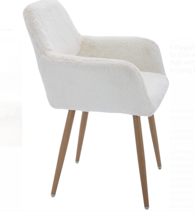 SSLine Faux Fur Vanity Chair Elegant White Furry Makeup Desk Chairs for Girls Women Modern Comfy Fluffy Arm Chair with Wood Look Metal Legs in Bedroom Living Room
