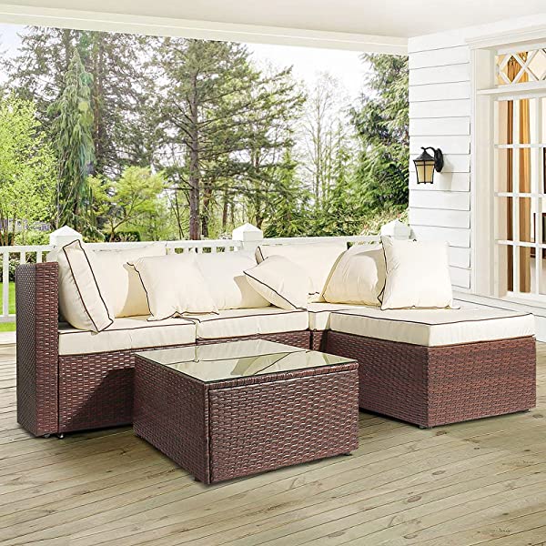 AWQM 5 Pieces Patio Furniture Sets All Weather Outdoor Sectional Sofa Manual Weaving Wicker Rattan Patio Conversation Set with Cushion and Glass Table, Brown 5 Piece Patio Furniture Sets