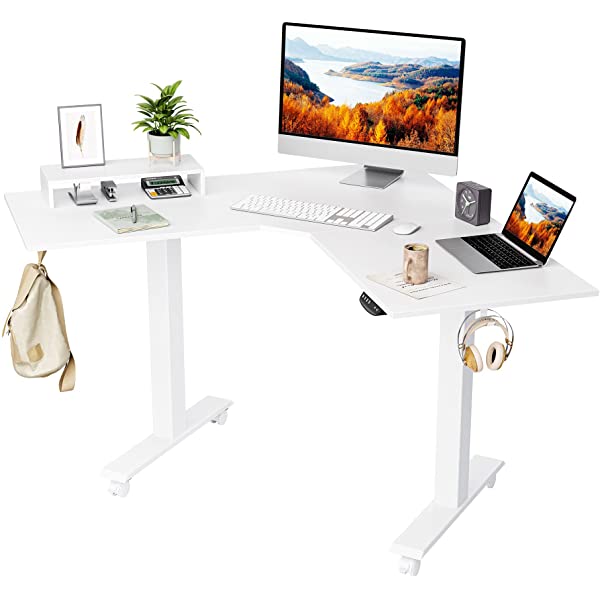 FEZIBO Dual Motor L-Shaped Electric Standing Desk, 48 Inches Height Adjustable Corner Desk, Full Sit Stand Home Office Table with Splice Board, Black Frame/Rustic Brown Top