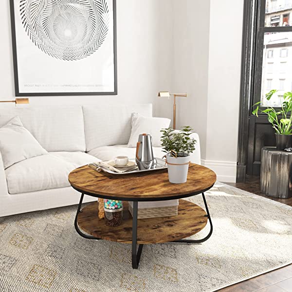 Elephance Round Coffee Table with Storage, 35.8 Inch Rustic Wood Coffee Table with Strong Metal Frame for Living Room, Dining Room, Cocktail Table, Round Sofa Table (Almond)