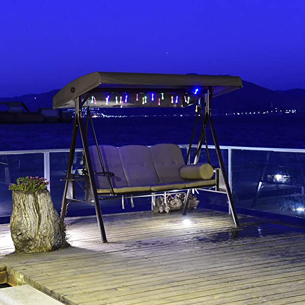 PURPLE LEAF 3-Seat Deluxe Outdoor Patio Porch Swing with Weather Resistant Steel Frame, Adjustable Tilt Canopy, Cushions and Pillow Included, Beige 74.4