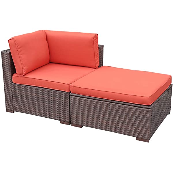 OC Orange-Casual 2 Piece Patio Sectional Furniture Set with Back Seat Cushions, Outdoor Armchair Wicker Sofa, Ottoman Brown Wicker & Turquoise Cushion