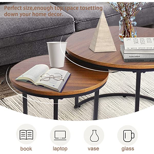 aboxoo Coffee Table Nesting Side Set of 2 End Table Top Sturdy Metal Frame Wood Desk Centerpiece Living Room Bedroom Apartment Modern Industrial Simple Nightstand