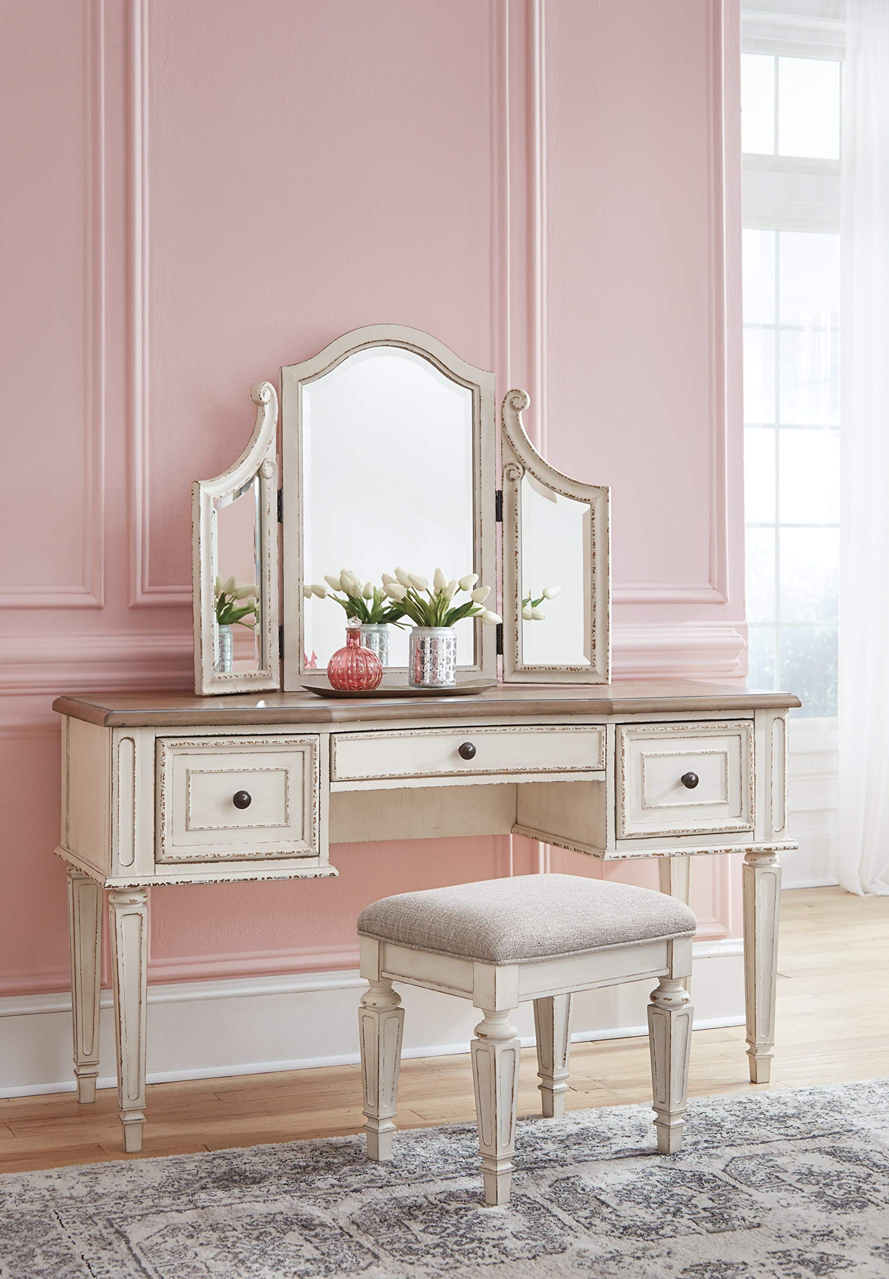 【Furniture】Traditional Cottage 3 Drawer Vanity Set with Dovetail Construction, Mirror & Stool Included