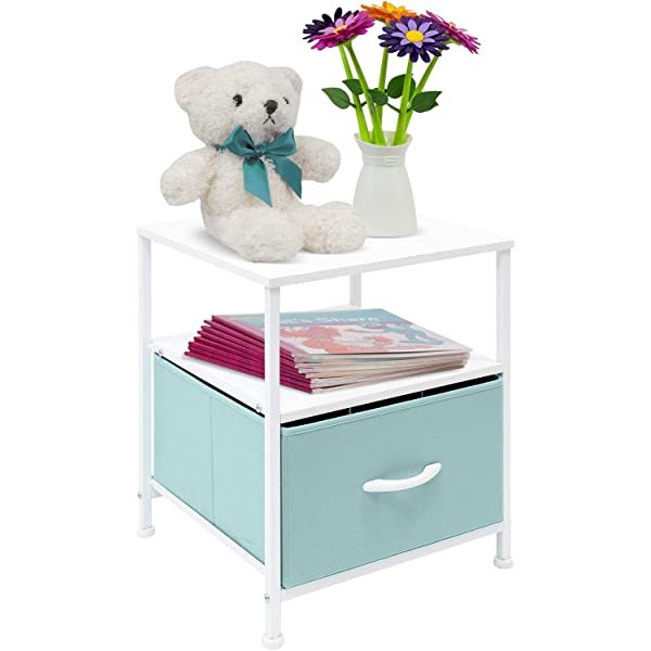 Sorbus Nightstand 1-Drawer Shelf Storage- Bedside Furniture & Accent End Table Chest for Home, Bedroom, Office, College Dorm, Steel Frame, Wood Top, Easy Pull Fabric Bins (Rustic Wood)