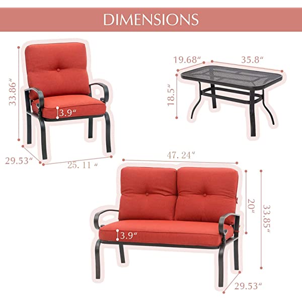 Oakmont Outdoor Furniture Patio Conversation Set Loveseat, 2 Chairs, Coffee Table with Cushion, Lawn Front Porch Garden, Metal Chair Set Wrought Iron Look (Red)