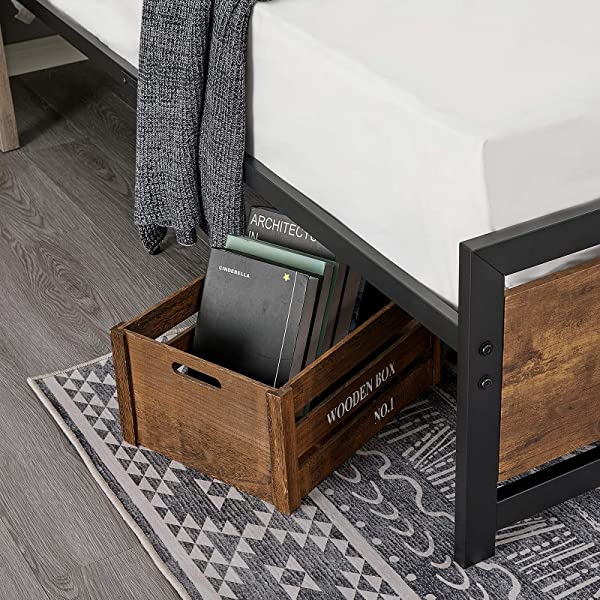 Amerlife Queen Size Bed Frame with Wood Headboard - Metal Platform Bed with Industrial Footboard - Heavy Duty Steel Mattress Foundation/ 4 U-Shaped Support Frames/Rustic Country Style/Easy Assembly Queen Dark Brown