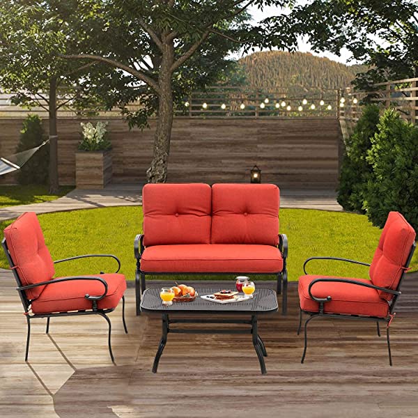 Oakmont Outdoor Furniture Patio Conversation Set Loveseat, 2 Chairs, Coffee Table with Cushion, Lawn Front Porch Garden, Metal Chair Set Wrought Iron Look (Red)