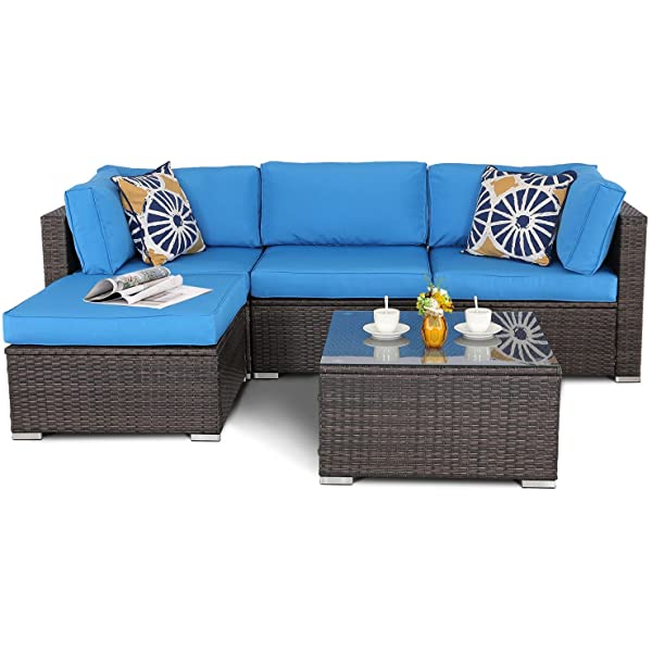 Do4U 5 Pieces Outdoor Patio Furniture Set PE Rattan Patio Set Porch Furniture Cushioned Patio Chairs Set Patio Conversation Set for Garden Balcony Porch Poolside Lawn (Blue)