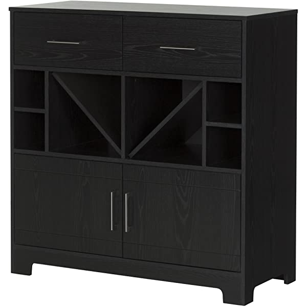 South Shore Vietti Bar Cabinet with Liquor and Wine Bottle Storage with Drawers, Black Oak with Metal Handles