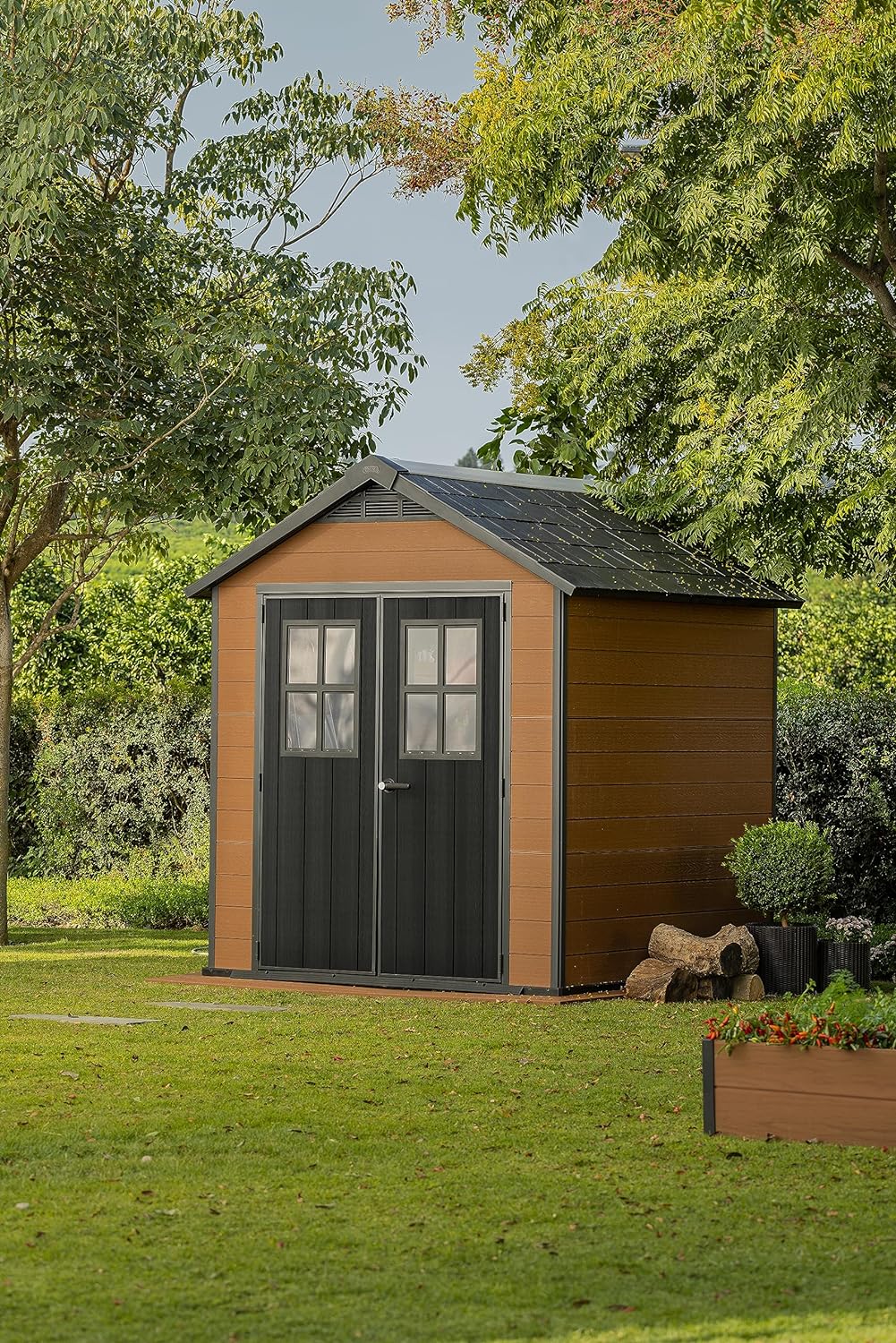 Keter Newton Outdoor Apex Double Door Garden Storage Shed 7.5 x 7ft Brown WPC Wood Look and Feel | Fade Free | All Weather Resistant | Safe and Secure | Zero Maintenance | 15 year Warranty