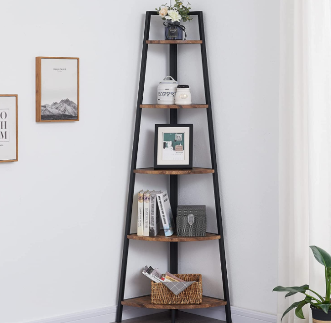 OIAHOMY Corner Shelf 70 Inch Tall Bookcase 5- Tier Industrial Corner Bookshelf Corner Ladder Shelf Small Bookshelf Rustic Plant Stand Rack Freestanding -Rustic Brown