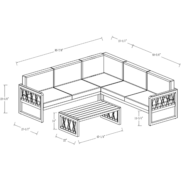 Walker Edison Harbor Modern 4 Piece Teak Wood and Metal Outdoor Modular Sectional with Knotted Rope Accents, Set of 4, White and Grey