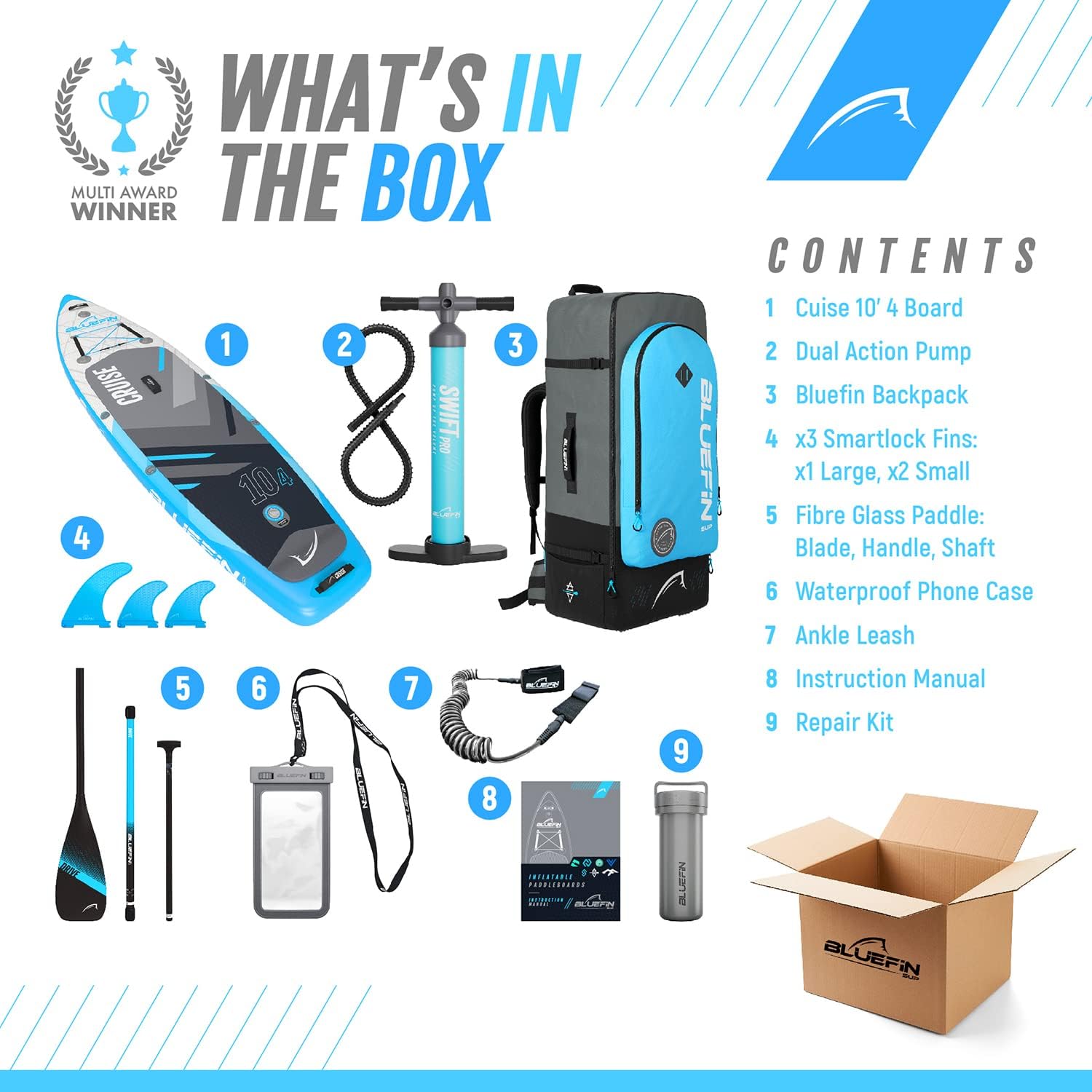 Bluefin Cruise SUP Inflatable Stand Up Paddle Board | Premium Paddleboard Accessories | Multiple sizes: Kids, 9'8, 10'4, 10’8, 12’, 15'