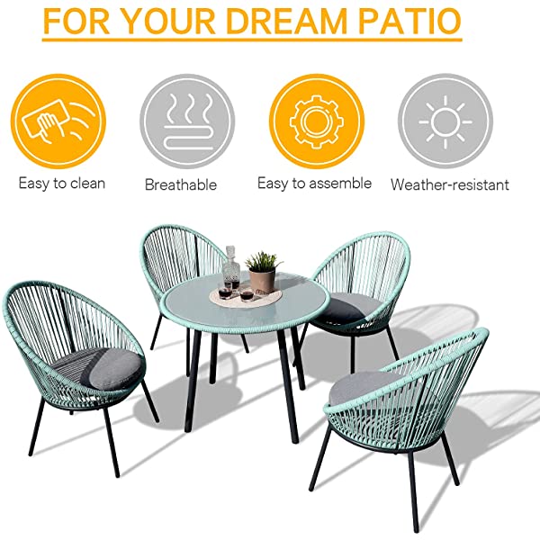OC Orange-Casual 5 Pieces Patio Conversation Set, Outdoor Furniture Set, All-Weather Wicker Chairs with Round Glass Top Table and 4 Chairs, for Garden,Backyard, Indoor Outdoor Use, Yellow
