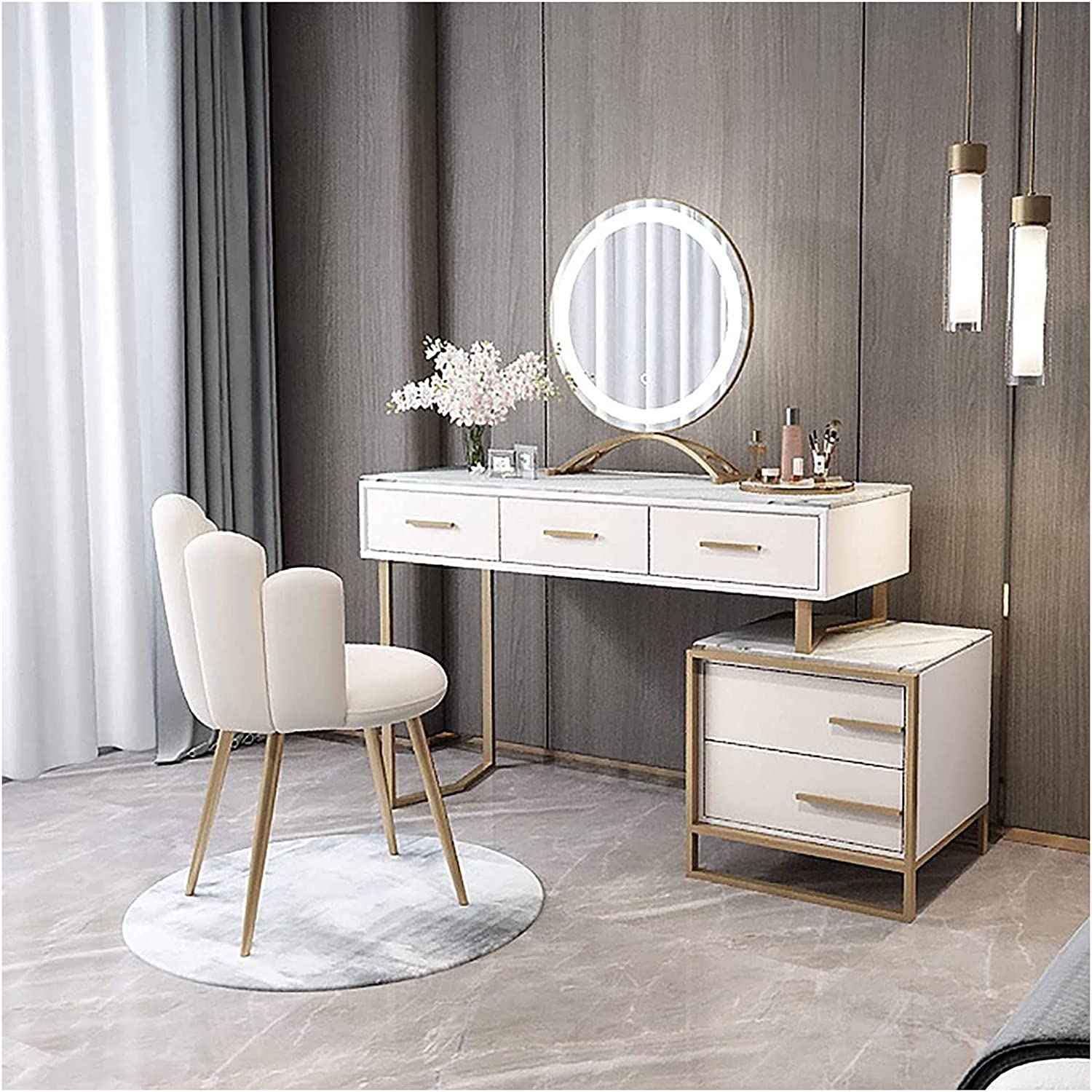 【Furniture】Italian Dressing Table with LED Mirror, Makeup Table with Marble Textured, Lockers & Makeup Chairs