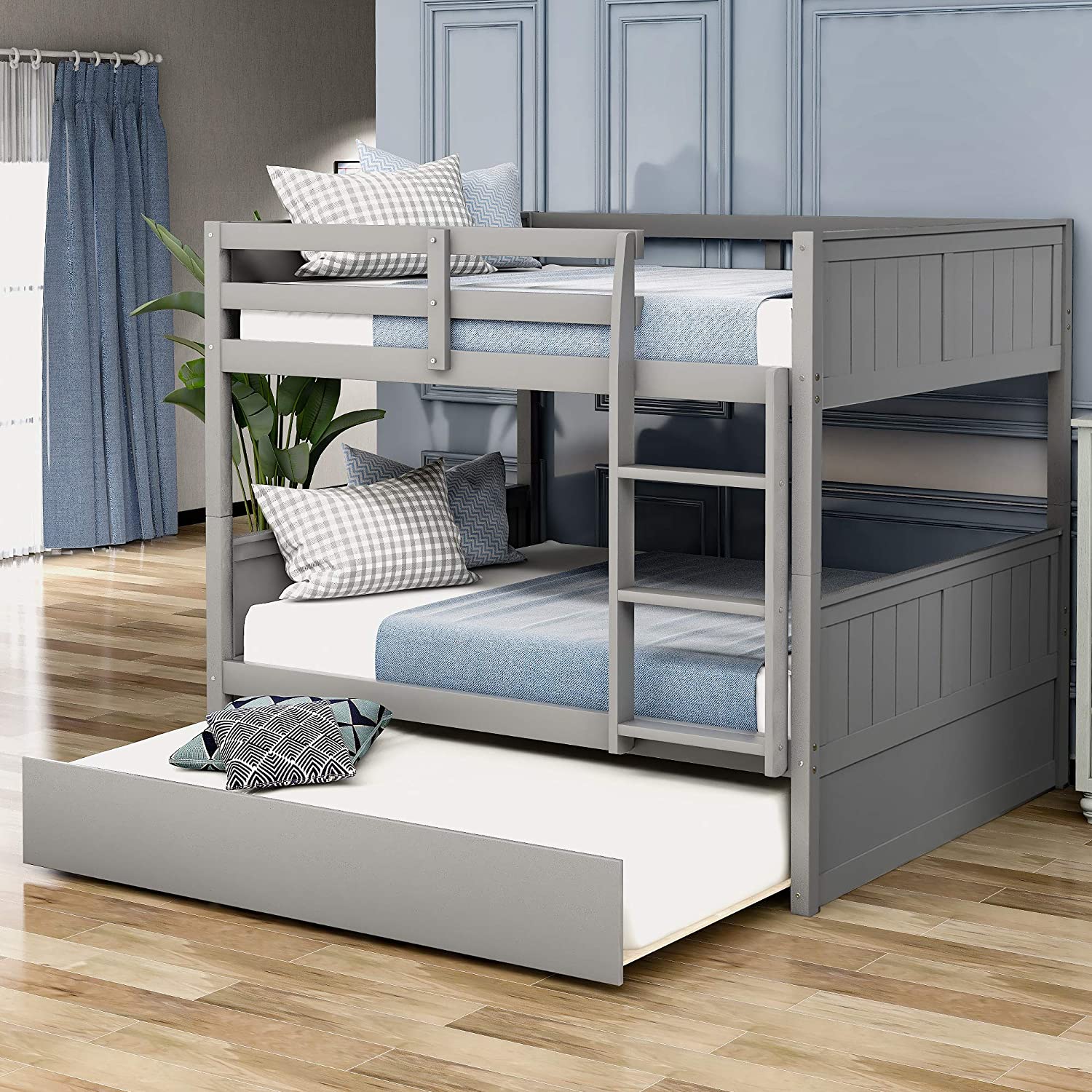 【Furniture】Full Over Full Bunk Bed for Kids Teens, Detachable Wood Full Bunk Bed Frame with Trundle