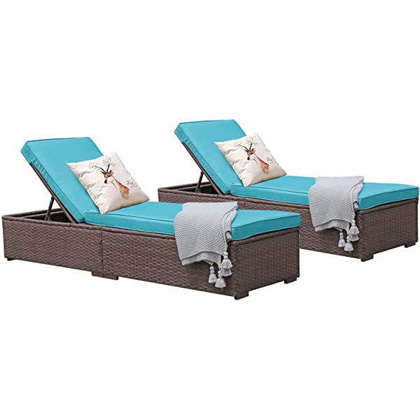 Patiorama Patio Chaise Lounge Chair, Sun Lounger, Outdoor Pool Beach Brown PE Rattan Wicker Reclining Chair W/Adjustable Backrest and Removable Cushion (Beige), Set of 2 2 Brown