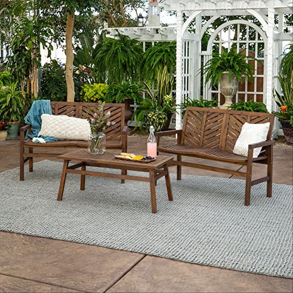 Walker Edison 5 Person Outdoor Wood Chevron Patio Furniture Dining Set Table Chairs Bench All Weather Backyard Conversation Garden Poolside Balcony, 4 Piece, Brown Brown 4 Piece Dining Set