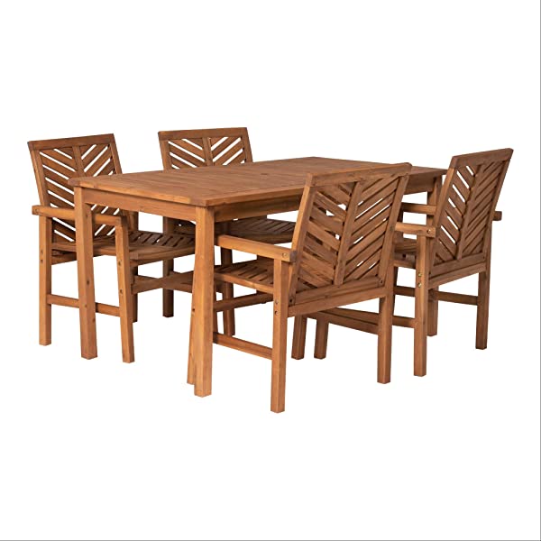 Walker Edison 5 Person Outdoor Wood Chevron Patio Furniture Dining Set Table Chairs Bench All Weather Backyard Conversation Garden Poolside Balcony, 4 Piece, Brown Brown 4 Piece Dining Set