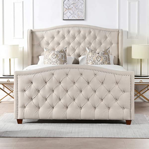Jennifer Taylor Home Marcella Collection Queen Wingback Tufted Hand-Applied Nail Heads Upholstered Bed, Antique White Antique White Queen