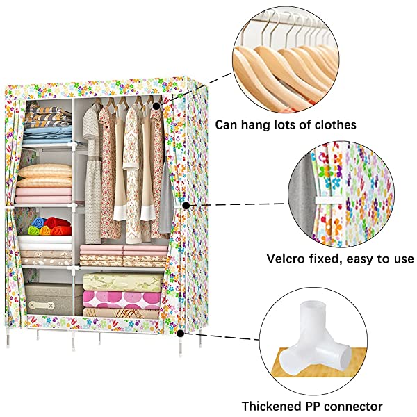 QUMENEY Wardrobe Storage Closet, Portable Clothes Standing Shelves Organizer, Extra Strong and Durable Non-Woven Fabric Rack with Hanging Rods, Quick and Easy to Assemble (Pink Dots)