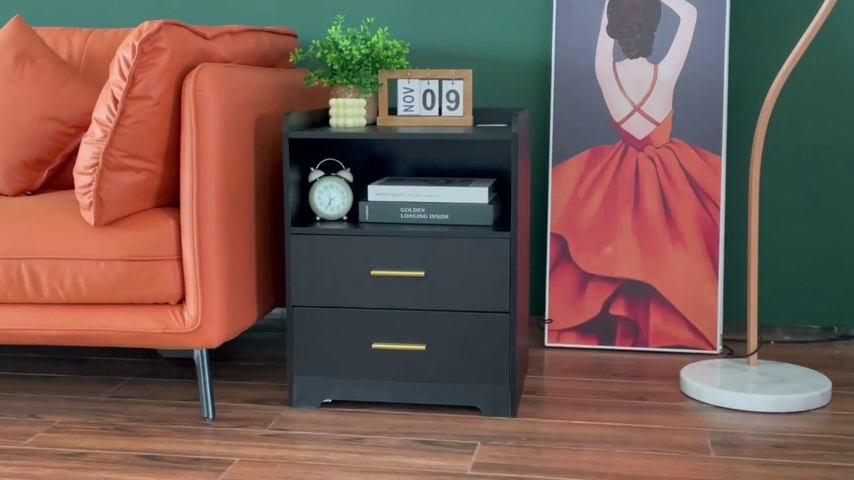 【Furniture】Black Nightstand with Charging Station, Night Stands with 2 Drawers, Smart Nightstand Bedside Table Led