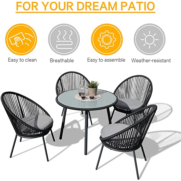 OC Orange-Casual 5 Pieces Patio Conversation Set, Outdoor Furniture Set, All-Weather Wicker Chairs with Round Glass Top Table and 4 Chairs, for Garden,Backyard, Indoor Outdoor Use, Yellow