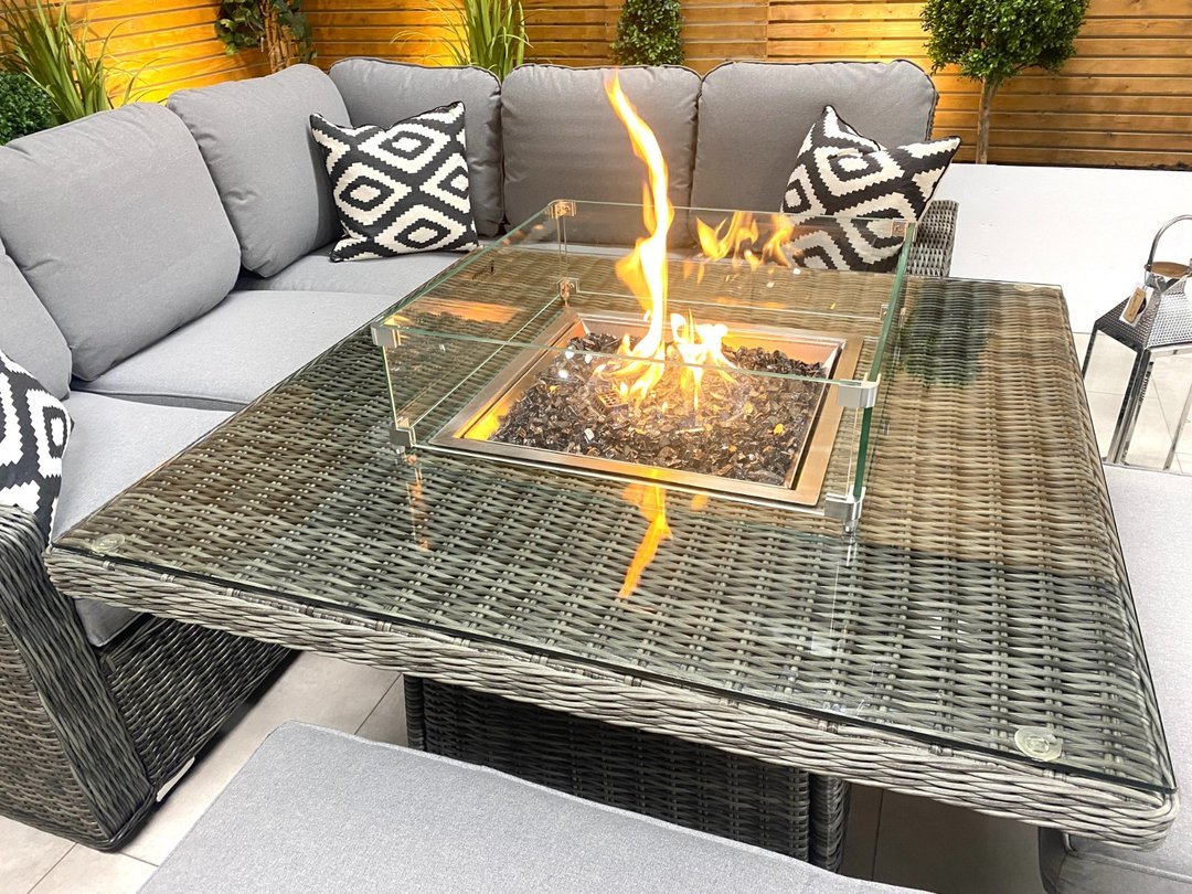 Chimes - Stone Grey Milan Deluxe Corner Dining Set With Firepit Table