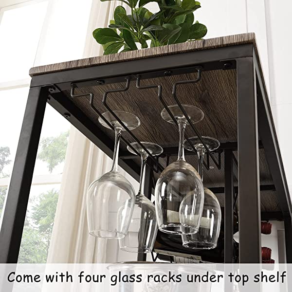 O&K FURNITURE Industrial Wine Rack Table with Glass Holder, Wine Bar Cabinet with Storage, Brown