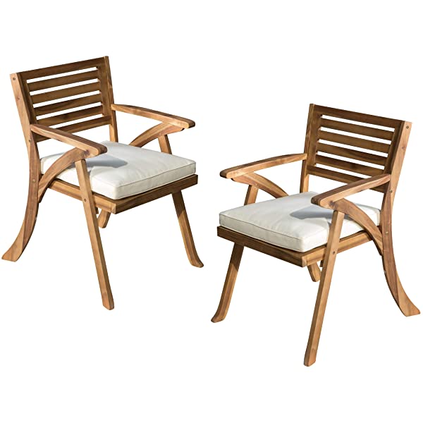 Christopher Knight Home Hermosa Outdoor Acacia Wood Arm Chairs, 2-Pcs Set, Teak Finish / Cream