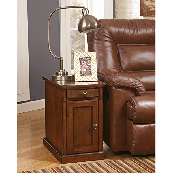Signature Design by Ashley Tyler Creek Rustic Chair Side End Table with Pull-Out Tray & USB Ports, Brown Blackish Brown Table