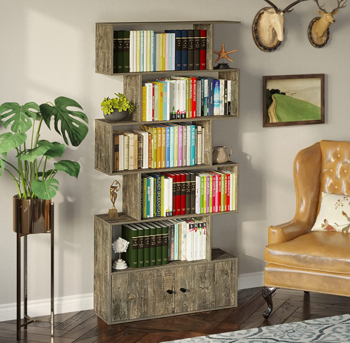 Rolanstar Bookshelf with Doors, 6-Tier Bookcase with Cabinet, Freestanding Bookshelves Storage Display Cabinet, Rustic Wood Bookshelf for Living Room, Bedroom, Home Office