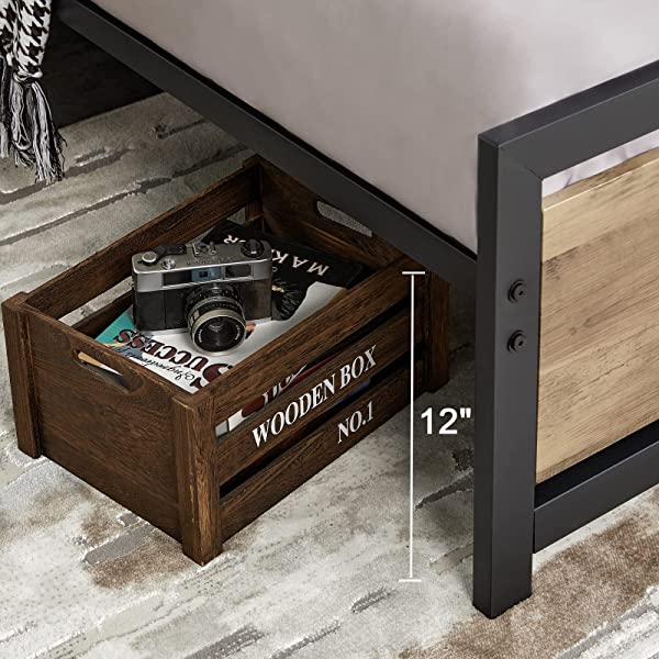 Amerlife Queen Size Bed Frame with Wood Headboard - Metal Platform Bed with Industrial Footboard - Heavy Duty Steel Mattress Foundation/ 4 U-Shaped Support Frames/Rustic Country Style/Easy Assembly Queen Dark Brown