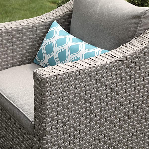 COSIEST 5-Piece Outdoor Furniture Lounge Set Warm Gray Wicker Sectional Sofa w Thick Cushions, Glass-Top Table, 2 Ottomans, 2 Teal Pattern Pillows for Garden, Pool, Backyard