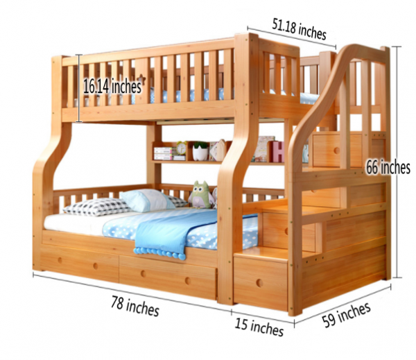 Dylan children's bunk bed with guardrail and ladder, wooden double bed