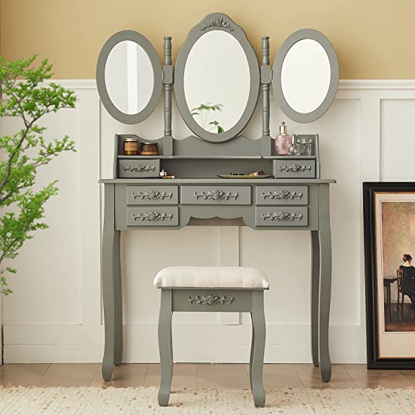 Vanity Table Set with Tri-Folding Mirror Makeup Dressing Table with Cushioned Stool & 7 Drawers and a Shelf, Makeup Dressing for Women, Girls, Bedroom (Grey)