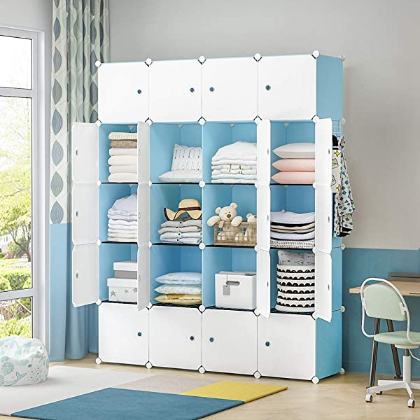 YOZO Cube Storage Organzier Portable Closet Wardrobe Bedroom Dresser (71x14x71 inches) Portable Closet Cube Shelf Armoire Pantry Cabinet, 25 Cubes, Blue 25Cubes Blue