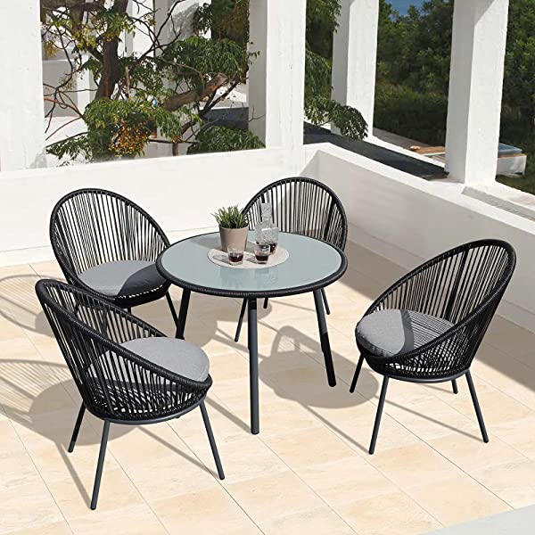 OC Orange-Casual 5 Pieces Patio Conversation Set, Outdoor Furniture Set, All-Weather Wicker Chairs with Round Glass Top Table and 4 Chairs, for Garden,Backyard, Indoor Outdoor Use, Yellow