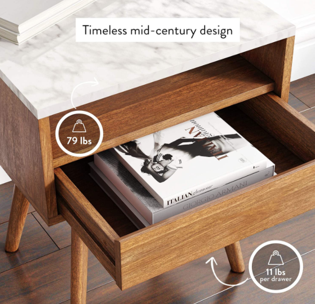 Nathan James James Mid-Century Rectangle Accent Side or End Table Walnut Finish Wood and Faux Marble Top with Storage Nightstand, Frame, White/Brown