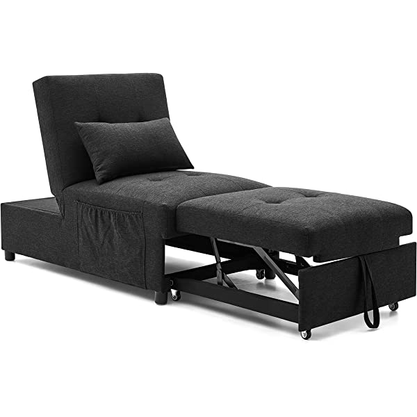 4-in-1 Sleeper Sofa Bed, HABITRIO Solid Wood Frame Polyester Upholstered Seating Couch w/A Pillow, Work As Ottoman, Single Chair, Sofabed and Chaise Lounge, Fit for Living Room, Bedroom (Grey)