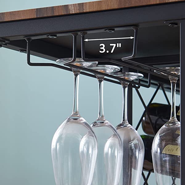 O&K FURNITURE Industrial Wine Rack Table with Glass Holder, Wine Bar Cabinet with Storage, Brown