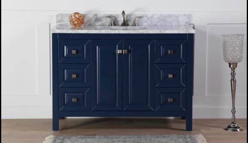 New in box! 48” Single Sink Navy Blue Bathroom Vanity Cabinet w Marble Top- solid Wood cabinet