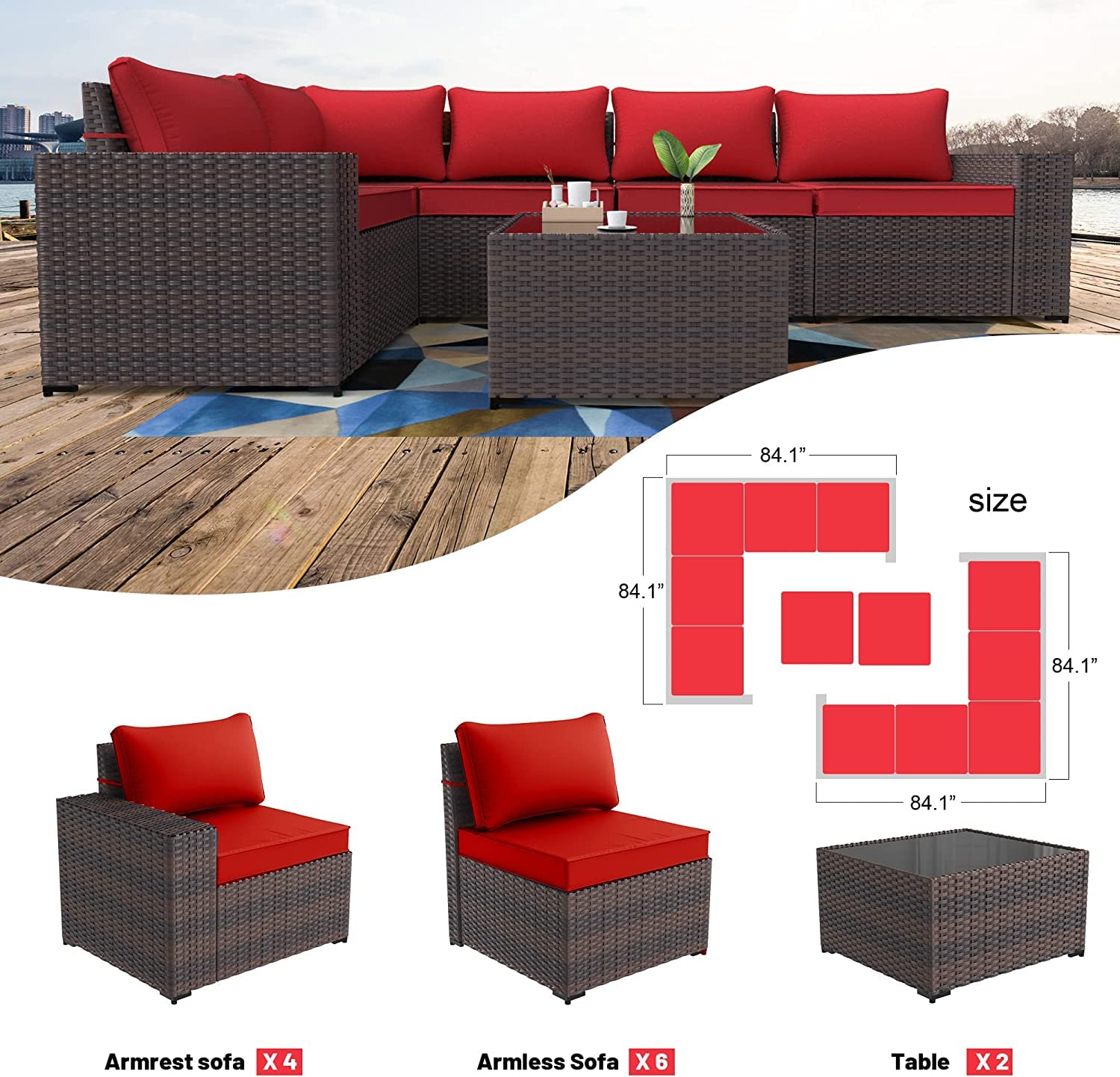 【Furniture】Outdoor Patio Furniture Set 12-Pc Sectional Rattan Sofa Set Brown PE Wicker Patio Conversation Set