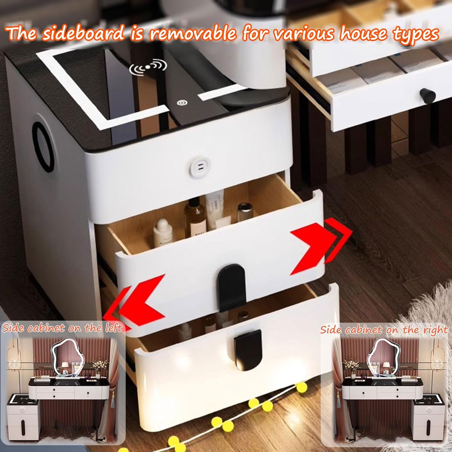 GOOCOO Dressing Table - Makeup Vanity Desk with Wireless Charging Station and Bluetooth Speaker - Vanity Set Contains Makeup Mirror, 5 Drawers and Makeup Stool for Bedroom